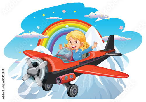 Girl pilot flying airplane over the mountain