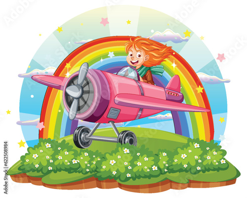 Cute girl flying airplane and land on the hill with rainbow background