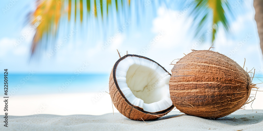 Summer holiday background with coconut and palm leafs Summer holiday background with coconut and palm leafs