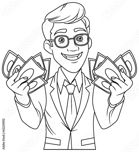 Youth business man holding money doodle outline
