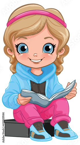 Girl cartoon reading book isolated