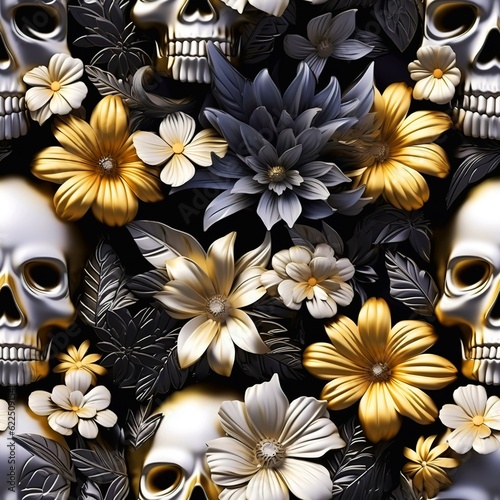 Halloween 3D Metallic Skull Flower Seamless Pattern background.