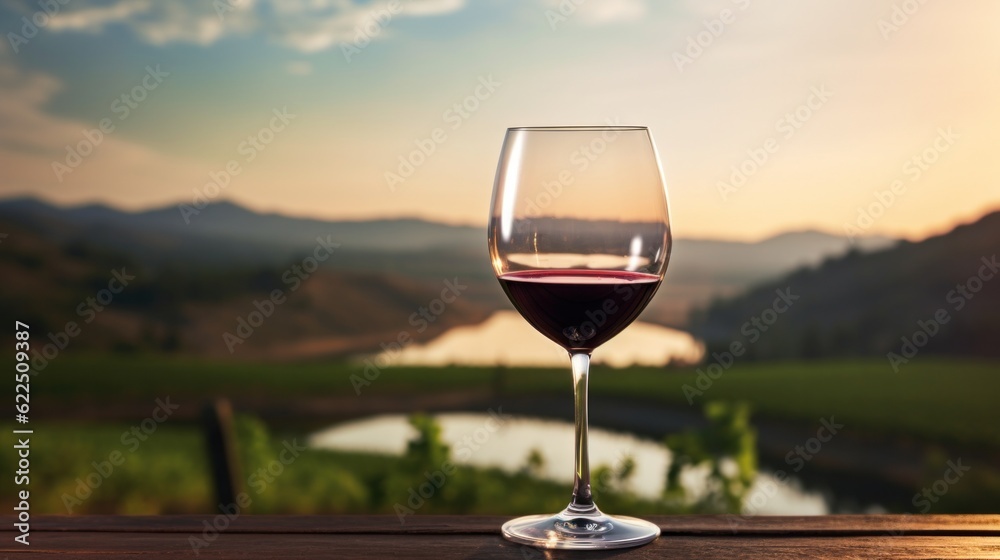 a glass of red wine with vineyard landscape. serene and romantic atmosphere with the majority of the vineyard scene available for your text.