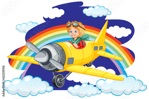 Happy Boy Riding Plane with Rainbow in the Sky