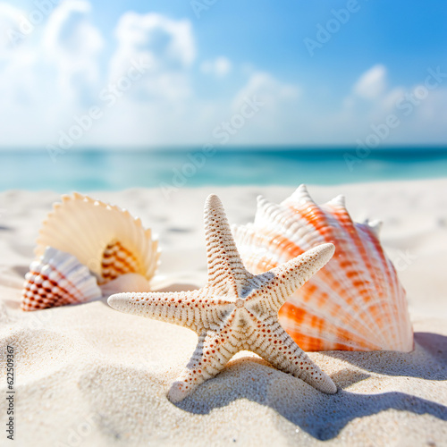 Starfish on the beach in blue sky background 