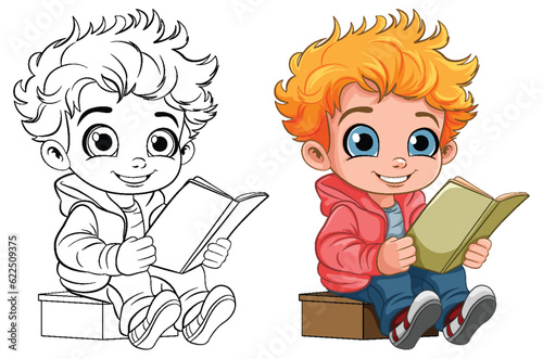 Cute Boy Reading Book Outline for Colouring
