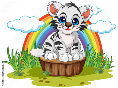 Baby Tiger Cartoon Character with Rainbow in the Sky