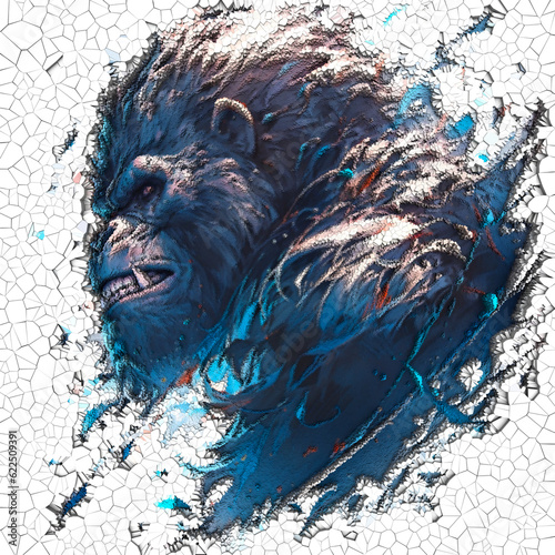 Angry gorilla roaring art, in white background, 3d render illustration. Design for wall painting, canvas painting. Abstract impressionism. Render 3d art. Low poly mosaic. photo