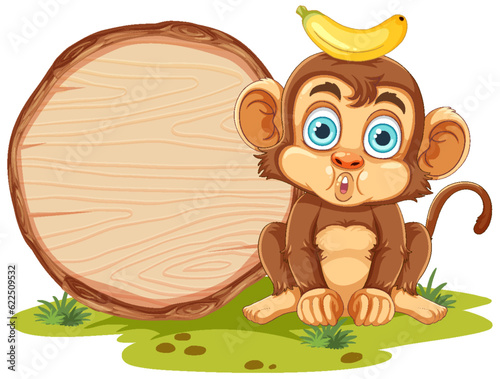 Cute Monkey with Empty Wooden Board