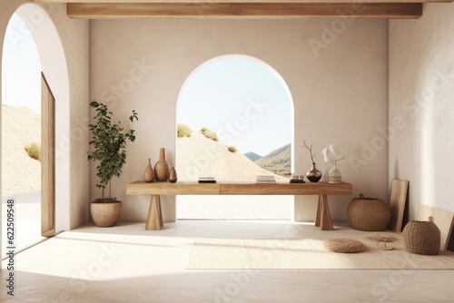 Amazing chic clean coastal mediterranean greece living room family room interior with arched walls and nature coastal views minimal furniture made with generative ai