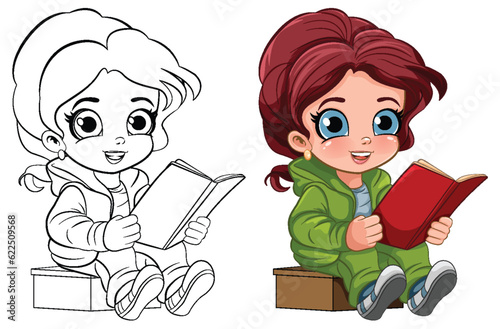 Cute Girl Reading Book Outline for Colouring