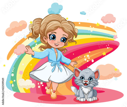 Cute Girl with Her Kitten in Cartoon Style