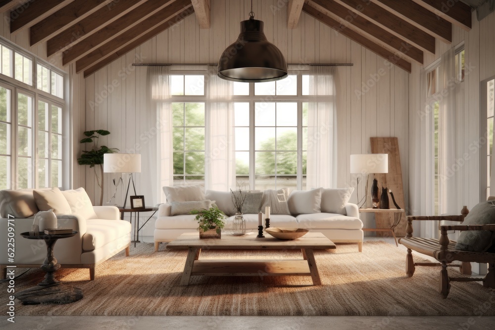 Fototapeta premium Amazing Relaxing Calm beautiful midcentury modern farmhouse interior living family room with neutral designer furniture and statement pendant lights and nature views made with Generative Ai