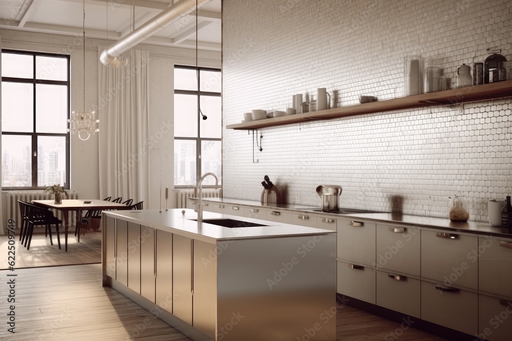 Beautiful Modern kitchen interior with stainless steel kitchen island ... - Polished Wood Penthouse Kitchen Island Design