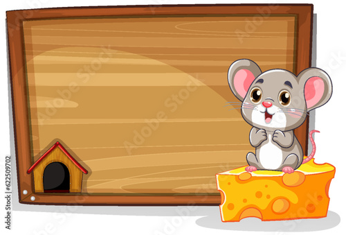 Cute rat sitting on cheese wooden board banner