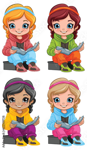 Set of girl reading book book
