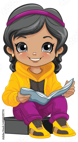 Girl cartoon reading book isolated