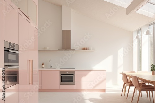 Clean bright modern minimal white and pastel pink interior kitchen loft made with Generative Ai