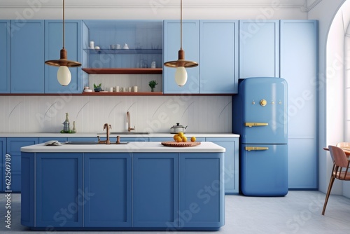 Beautiful bright calm kitchen interior detail with soft periwinkle cornflower blue cabinets with minimal modern furnishing made with Generative Ai