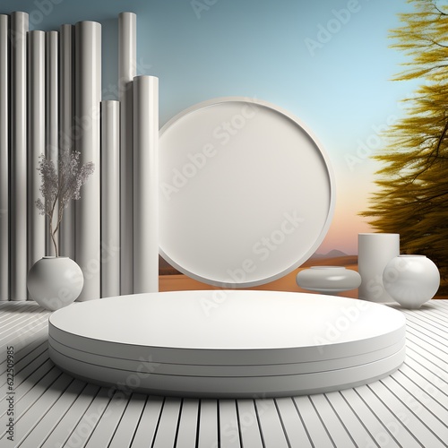 3d render of white round podium or pedestal on the wooden floor with geometric background. AI Generative Illustration. Podium for product shoot. Minimal Display for product.