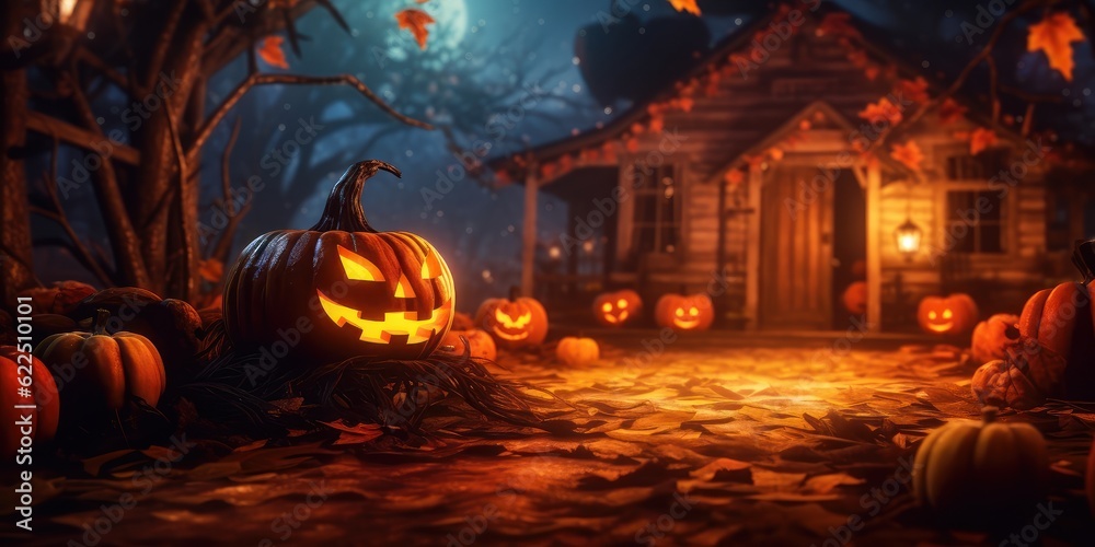 Pumpkin in Spooky Night, Jack O’ Lanterns, Halloween Background For Party Invitation. Generative Ai Pumpkin in Spooky Night, Jack O’ Lanterns, Halloween Background For Party Invitation. Generative Ai