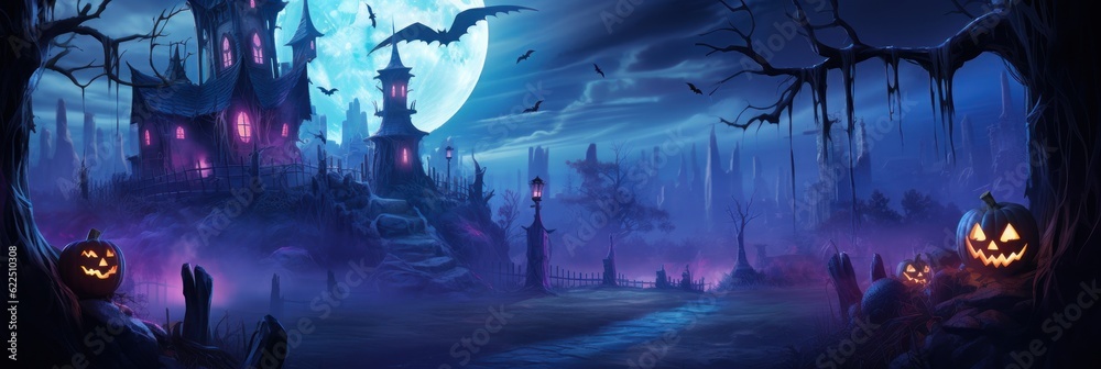 Halloween Background with Mystery Castle and Jack O Lantern Pumpkins in Spooky Night. Generative Ai