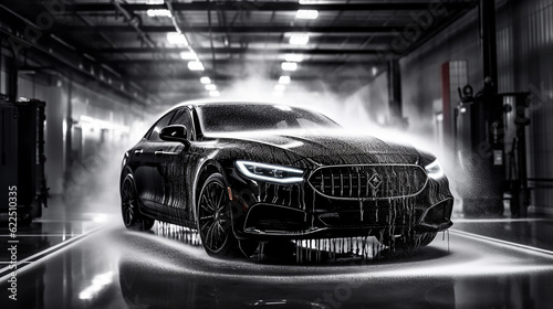 Black car being cleaned with soap car washing concept