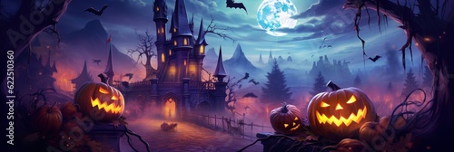 Halloween Background with Mystery Castle and Jack O Lantern Pumpkins in Spooky Night. Generative Ai