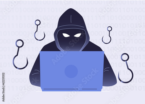 Hacker Cyber criminal with laptop stealing user personal data. Hacker attack and web security. Internet phishing concept