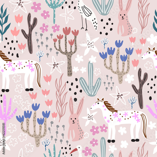 cute seamless patterns with horses, white birds, rabbits, cactus, tulips,leaves ,flowers and dots.Use for Wallpaper, textiles and prints