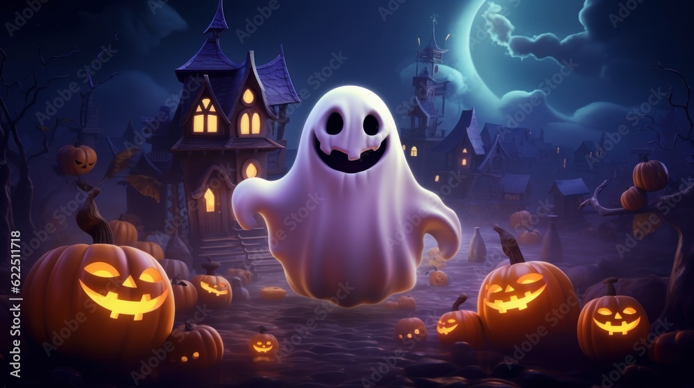 Happy Cute Ghost Celebrating Halloween Party on Spooky Night Background. Generative AI Happy Cute Ghost Celebrating Halloween Party on Spooky Night Background. Generative AI