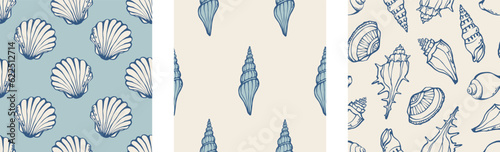 Seashells backgrounds set hand drawn blue marine bathroom wallpapers print design