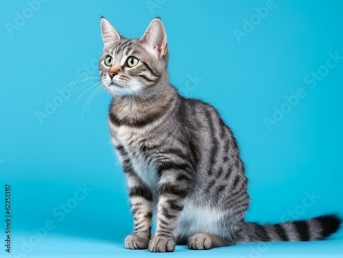 a cat standing isolated in a blue background © Muh