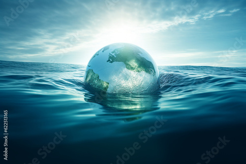 Photo global warming, the Earth floats in sea, Earth planet earth globe swirl in blue
