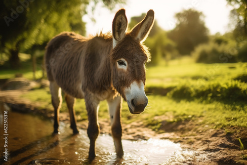 Photo young donkey walks around the green farm field, stop by on the bank of a pond an