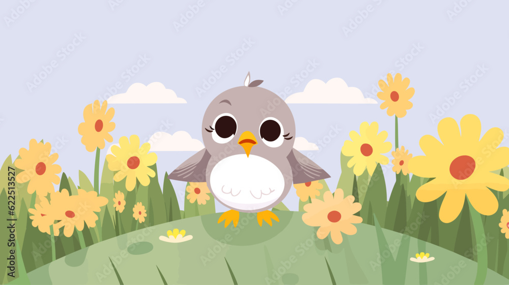 Vector illustration of cute bird and flower field. Vector illustration of cute bird and flower field.