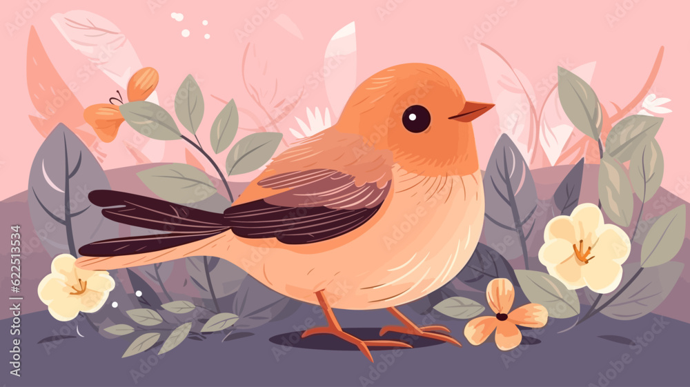 Vector illustration of cute bird and flower field.