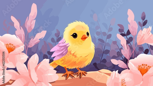 Vector illustration of cute bird and flower field.