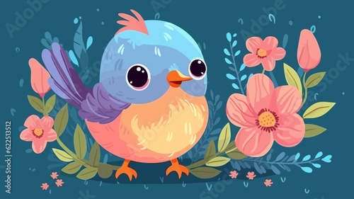 Vector illustration of cute bird and flower field.