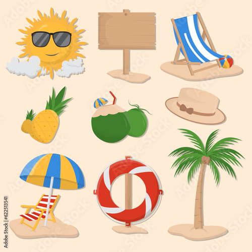 9 summer icon illustrations set isolated on the colored background