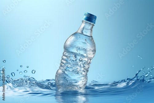 Splash of clear water with water plastic bottle isolated on blue background, plastic bottle float in water splashing