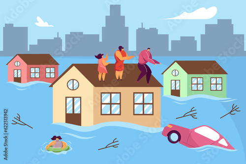 People suffering from flood vector illustration. Family surviving on house roof, waiting for rescue while water crashing cars and trees. Natural disaster, climate change, emergency concept
