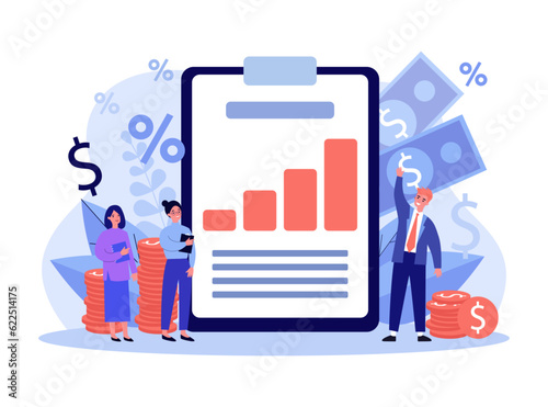 Businessmen managing corporate finances vector illustration. Happy people analyzing budget plan, calculating expenses and income. Budget bookkeeping, finance management concept