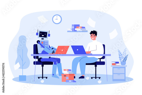 Man and robot writing articles together vector illustration. Happy journalist using AI for editing, copywriting, post verification. Artificial intelligence, smart technology concept
