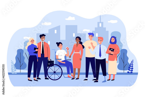 Group of happy diverse friends vector illustration. Inclusive team of people with disability and people of different religion and race working together. Diversity, teamwork, inclusion concept