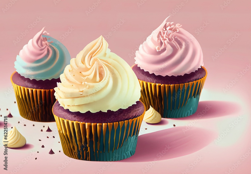 a Delicious cupcakes on a pastel background.