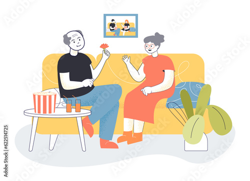 Senior couple spending time together vector illustration. Elderly man and woman sitting on couch with popcorn, same partner throughout years. Monogamy, marriage, relationship concept