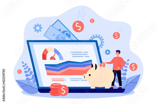 Tiny businessman putting coin in piggy bank vector illustration. Man calculating budget on laptop screen with finance analysis infographics. Financial analytics and management, stock trading concept