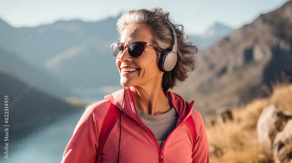 senior latin healthy woman. relax. exercise jog run. wearing headphones and smart watch. old woman with beautiful smile. GenerativeAI.