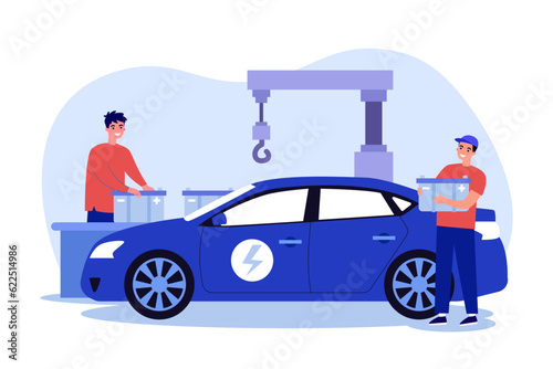 Happy mechanics holding batteries for electronic car. Battery production factory or plant, blue car running on electricity vector illustration. Innovation, transportation, technology concept